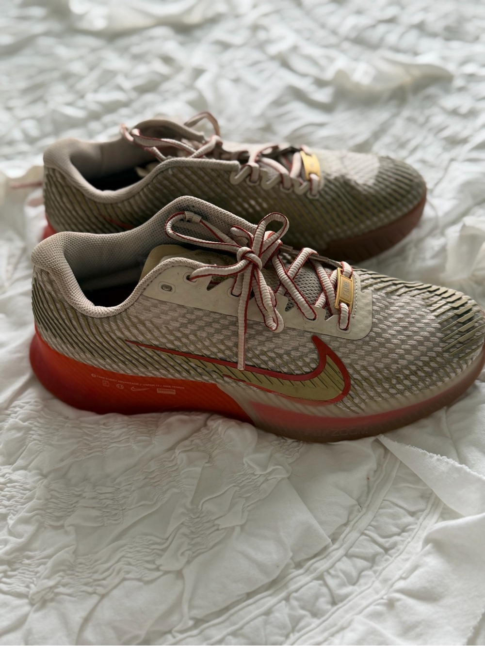 Nike Women's Neutral Mesh Trainers with Red-Orange Sole 
Pickleball shoes